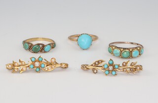 An Edwardian yellow metal turquoise ring size K 1/2, ditto P 1/2, another size J, 2 bar brooches, gross weight 13.3 grams 