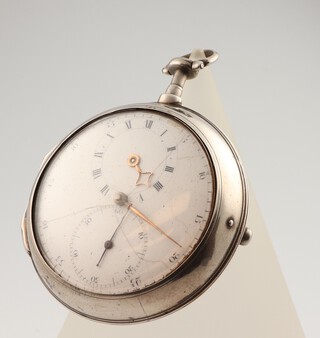 A George III silver key wind pocket watch, the enamelled dial with 2 subsidiary dials, the movement engraved W M Howells London number 22, contained in a silver case and a 50mm outer case, London 1783 