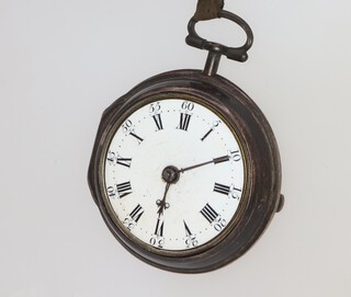 An early Georgian silver pair cased pocket watch with key wind movement, having an enamelled dial, numbers and Roman numerals, the movement heavily engraved W Mitchel Molsley number 591, contained in an outer 50mm case 