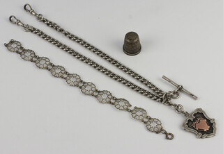 A silver Albert and fob, thimble and bracelet 64 grams 