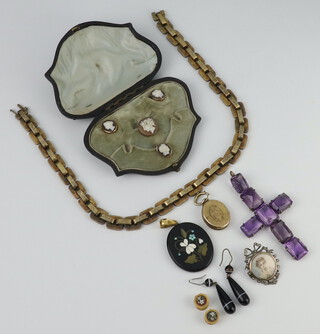 A Victorian miniature portrait brooch set seed pearls, a gilt necklace, amethyst cross and minor jewellery 