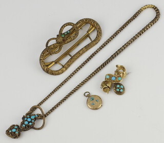 A Victorian gilt turquoise set buckle in the form of a snake, a ditto brooch, necklace and locket 