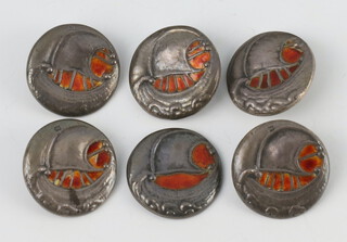 Six silver and enamelled Cymric buttons decorated with a longboat Birmingham 1902 by Liberty and Co 
