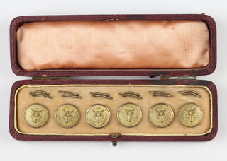 A set of Edwardian style cast brass studs with foxes heads, cased 