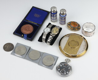 An Army issue metal cased black dial pocket watch inscribed Orita Watch Company with seconds at 6 o'clock the movement numbered 9100611, contained in a 50mm case, the case numbered 120663, a compact and minor watches, coins etc 