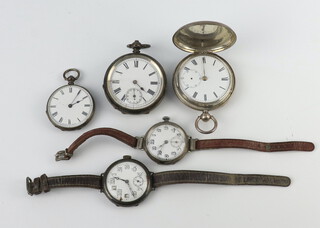 A lady's Edwardian Continental silver fob watch, 2 pocket watches, 2 wristwatches  