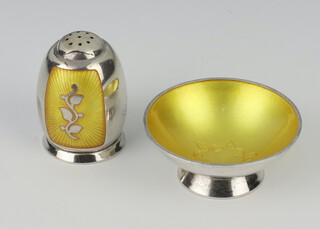 A Danish silver yellow ground guilloche enamel circular table salt together with a ditto pepper, 5cm and 4cm 