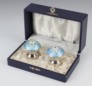 A pair of Danish silver, pale blue and white guilloche enamel condiments in the form of toadstools, maker Ela, 49 grams, 4cm, boxed 