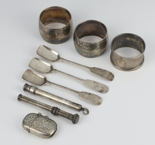 A pair of silver napkin rings Sheffield 1957, 1 other, a vesta, 3 spoons and a propelling pencil weighable silver 107 grams 