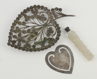 A Continental white metal filigree heart shaped dish, a book mark and scent 