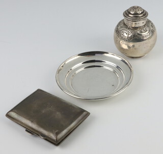 A silver dish London 1909, a cigarette case, a baluster condiment and miniature hand mirror, a mounted scent and minor items, weighable silver 181 grams 