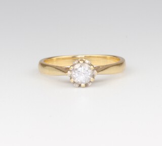 An 18ct yellow gold single stone diamond ring, 0.4ct, size J 1/2, 2.5 grams 