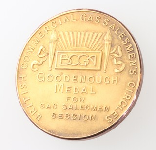 A 9ct yellow gold medallion from the British Compressed Gases Association  inscribed "Goodenough Medal for Gas Salesmen Session" awarded to P Pickering 1st Oct 1929, 23.4 grams 