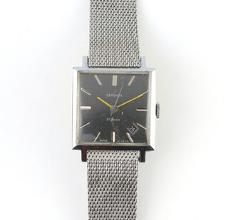 A gentleman's steel cased vintage Sekonda wristwatch  with calendar aperture at 5 o'clock on a mesh bracelet 