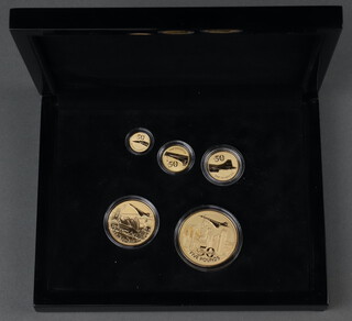 A set of five 22ct yellow gold commemorative coins - The Concorde 50th Anniversary Gold 5 Coin Definitive Sovereign Proof Set, comprising 1/4 sovereign, 1/2 sovereign, sovereign, double sovereign and five pound coin, dated 2019, gross weight 70 grams, in original fitted case with paper work 