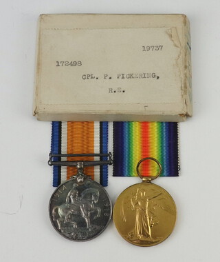 A First World War pair of medals - British War medal and Victory medal to CPL.P.Pickering.R.E with original posting box 