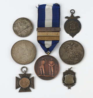 Two crowns 1896 and 1935 together with 4 sports fobs and a commemorative medallion 