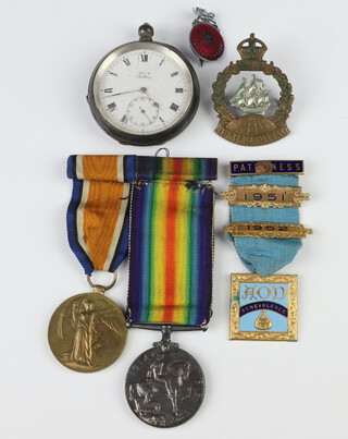 A First World War pair of medals - British War medal and Victory medal to R19150.W.Hill A.B.R.N.V.R. together with a silver cased pocket watch and 3 other medals/badges (a/f)