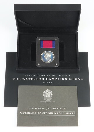 A silver commemorative medallion Waterloo campaign medal limited edition of 37500, with original box, leaflet and brochure 