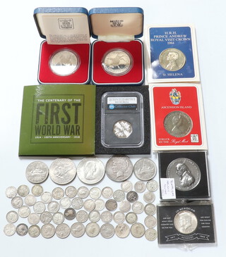 Two 1977 silver commemorative coins, each 28 grams and minor coins, crowns etc 
