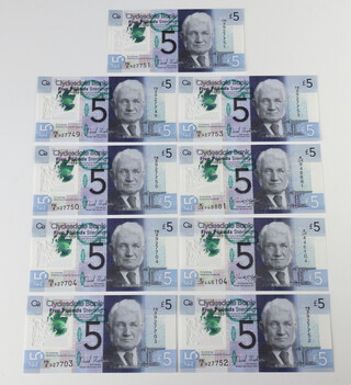 Nine Clydesdale Bank polymer five pound notes