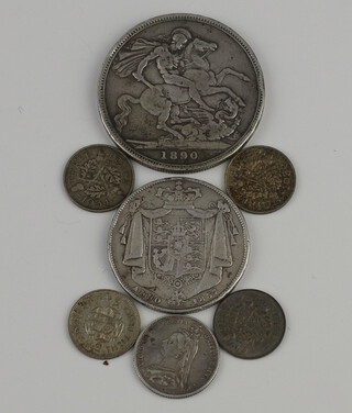 A Georgian silver half crown 1837, a Victorian silver crown 1890 and a small collection of silver coinage