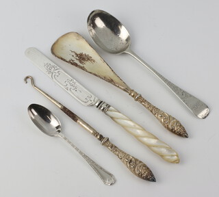 A Victorian silver dessert spoon London 1889, 1 other spoon, 3 mounted items, together with a silver, marcasite set cocktail wristwatch 
