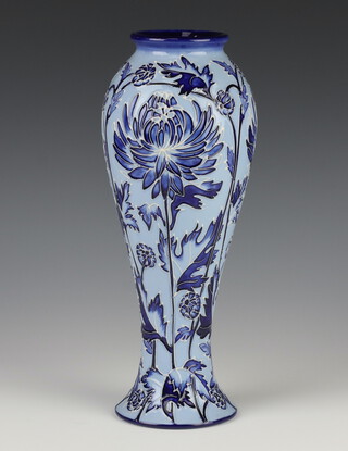 A modern Moorcroft Florian ware style oviform vase Blue Chrysanthemum, impressed marks dated 2003 27cm, boxed  