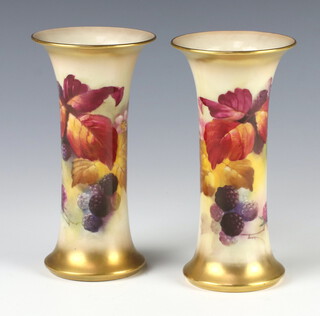 A pair of Royal Worcester vases decorated with fruits and flowers by K Blake, G923, 16cm