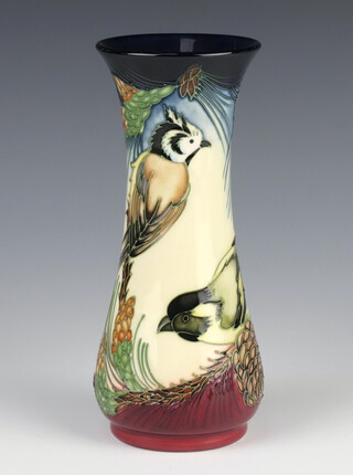 A modern Moorcroft vase with waisted neck, decorated a garden with birds, Inglewood 2003 20cm 