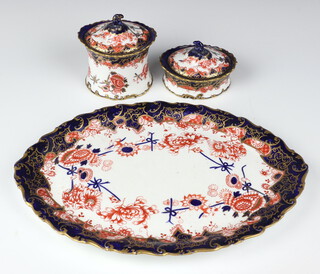 A Royal Crown Derby Imari pattern oval tray no.2649 32cm, 2 ditto lidded boxes 