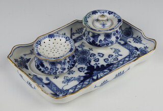 A late 19th Century Meissen blue and white rectangular ink stand decorated with a bird and flowers having an inkwell and sand shaker 22cm 