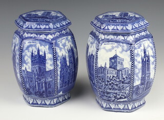 A pair of Maling ware blue and white hexagonal tea caddies for Ringtons Ltd depicting views of cathedrals 20cm  