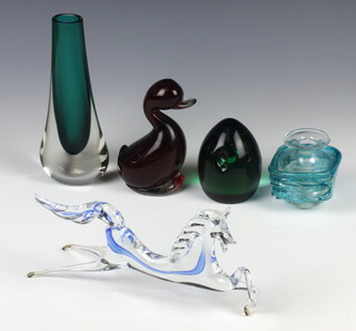 A Studio Glass figure of a horse 27cm, a ditto vase, duck, paperweight and squat scent bottle 