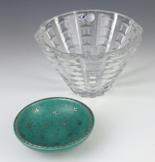A mid-century Bohemian clear glass tapered bowl 14cm, a Swedish turquoise silver inlaid dish 14cm 