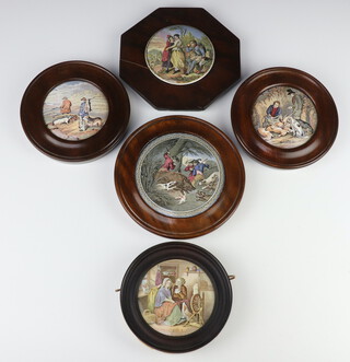 Five mounted Prattware pot lids, hunting scenes 12cm and 9cm, game keepers 9cm, fete gallant 10cm and interior scene 10cm, all framed  