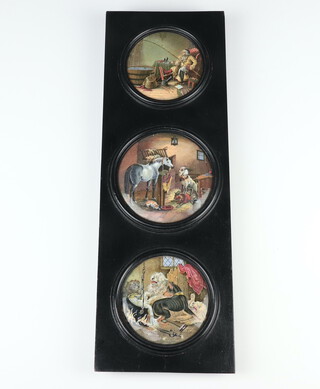 Three Prattware pot lids, figure fishing, Country Quarters and a Pretty Kettle of Fish all 11cm, framed as 1 