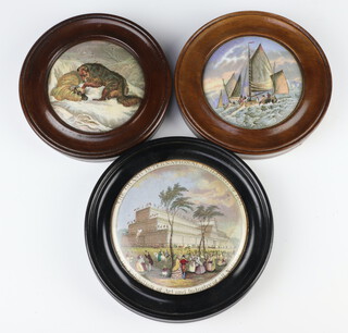 Three Prattware pot lids - Great Exhibition 1851 13cm, dog and ram 10cm and fishing boat 10cm, all framed 