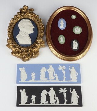 A pair of Wedgwood Jasper plaques, black basalt and pale blue basalt 22cm, 5 mounted plaques in an oval frame and a portrait plaque 12cm 