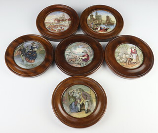 A Prattware pot lid - ice skating view, 5 others all 10cm, framed
