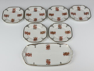 Six Bavarian tea plates and a sandwich plate decorated with playing cards 