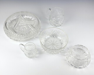 A cut glass jug, ditto and 3 bowls 