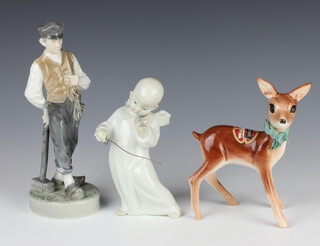A Royal Copenhagen figure of a boy 620 22cm, a Lladro angel playing a violin (a/f) 16cm and a cherry brandy decanter in the form of a foal 16cm 