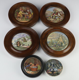 A Prattware pot lid - a pear 10cm, 3 others, ditto of an interior scene and an unframed pot lid