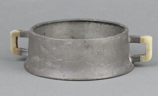 An early 20th Century Japanese pewter circular bowl with carved hardstone handles inscribed characters 15cm 