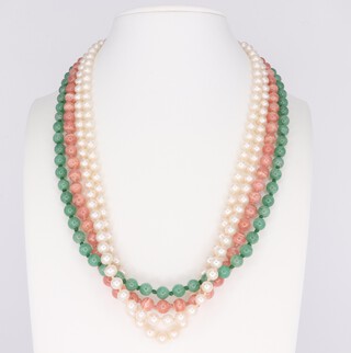 A white metal 585 gem set clasp on an agate, cultured pearl and green stone necklace 50cm  