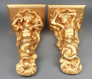 A pair of gilt painted wall brackets in the form of mermaids 50cm x 30cm x 25cm  