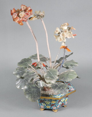 A Chinese hardstone model of a plant contained in a hexagonal cloisonne enamelled base 48cm h x 21cm d 