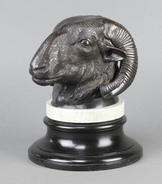 A 20th Century cast bronze bust of a ram raised on a marble and ebonised socle base 22cm x 20cm 