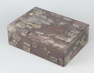 A Japanese rectangular hardwood box with hinged lid decorated embossed metal plaques 9cm x 28cm x 20cm 
